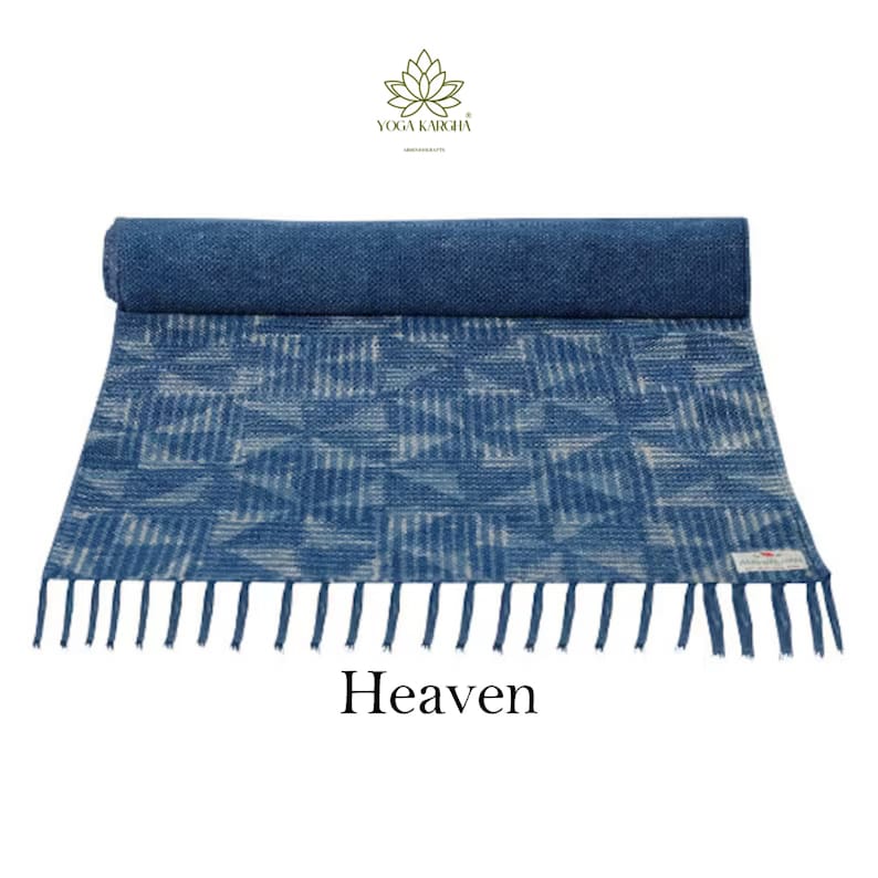 May include: A blue and white patterned yoga mat with fringed edges. The mat is rolled up and the text "Heaven" is printed below it.
