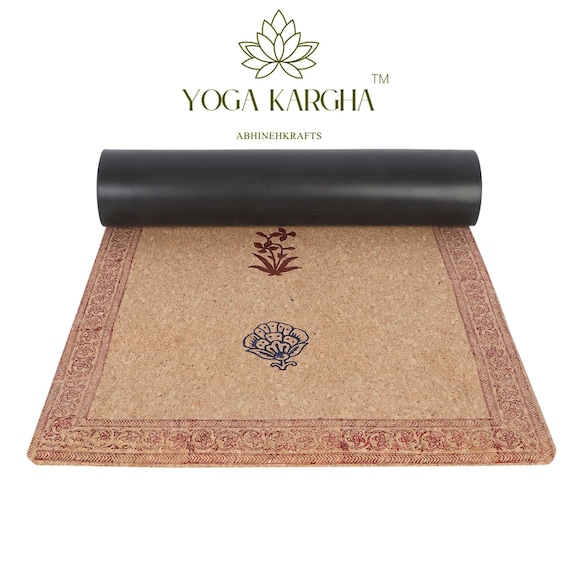 Hand Block Printed Cork Yoga Mat: Floral Design, Non-Slip