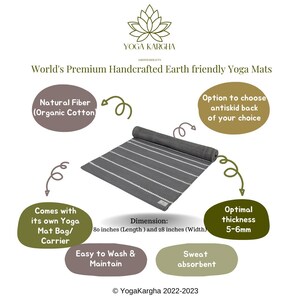 May include: A gray and white striped yoga mat made from organic cotton. The mat is 80 inches long and 28 inches wide. It comes with a carrying bag and has a 5-6mm thickness. The mat is sweat absorbent and easy to wash and maintain.