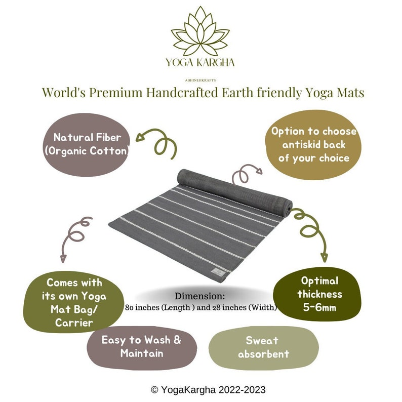 May include: A gray and white striped yoga mat made from organic cotton. The mat is 80 inches long and 28 inches wide. It comes with a carrying bag and has a 5-6mm thickness. The mat is sweat absorbent and easy to wash and maintain.