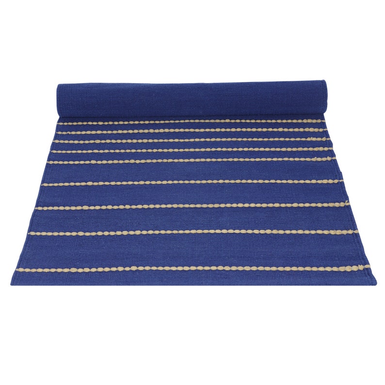 May include: A blue and cream striped rug with a woven texture. The rug is rolled up.