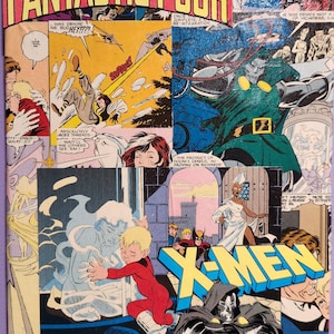 Collage de cómics antiguos: Los Cuatro Fantásticos contra los X-Men