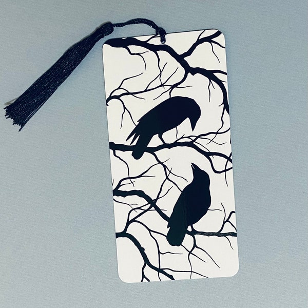 Charming crow art tasseled bookmark - ideal present for bookworms & bibliophiles, gift for book lovers and readers, corvid bird lover