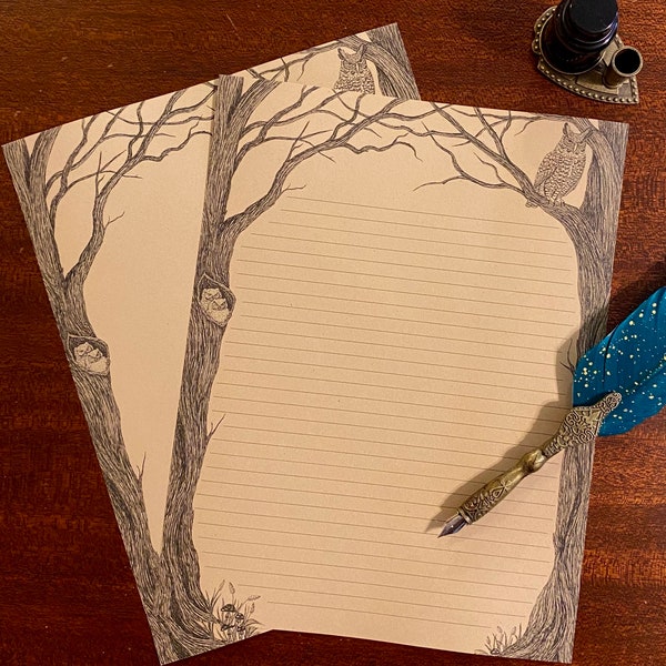 Owl Stationery Set: Vintage Inspired Kraft Paper Letter Writing Sheets
