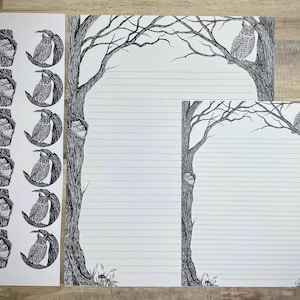 Charming owl stationery set, 11 x 8.5” and 7.5 x 5.75” letter sheets, dark academia, black and white, cottagecore, eco friendly, crowcore