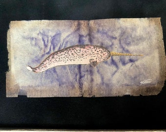 One of a kind narwhal art- Hand drawn ink sketch on repurposed teabag, framed unique wall decor, eco-friendly fine art, animal lovers gift
