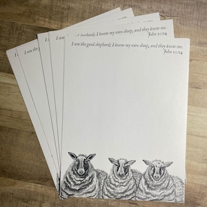 May include: A set of five white note cards with black ink. The cards feature a drawing of three sheep and the text "I am the good shepherd; I know my own sheep, and they know me. John 10:14".