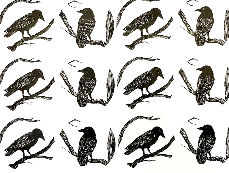 May include: A repeating pattern of black crows perched on branches. The crows are silhouetted against a white background.