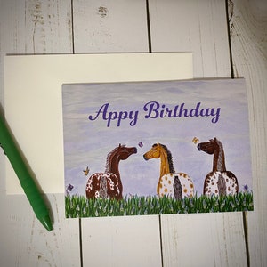 Jolie carte d'anniversaire de cheval Appaloosa, carte de correspondance pliée 5 x 7, blanc à l'intérieur, cadeau équestre occidental ou anglais, papeterie de cheval, coeur de cheval