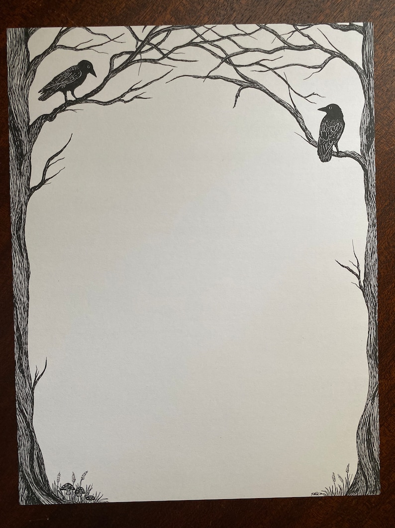 May include: A black and white illustration of two crows perched on bare branches of a tree. The crows are facing opposite directions. The background is white.