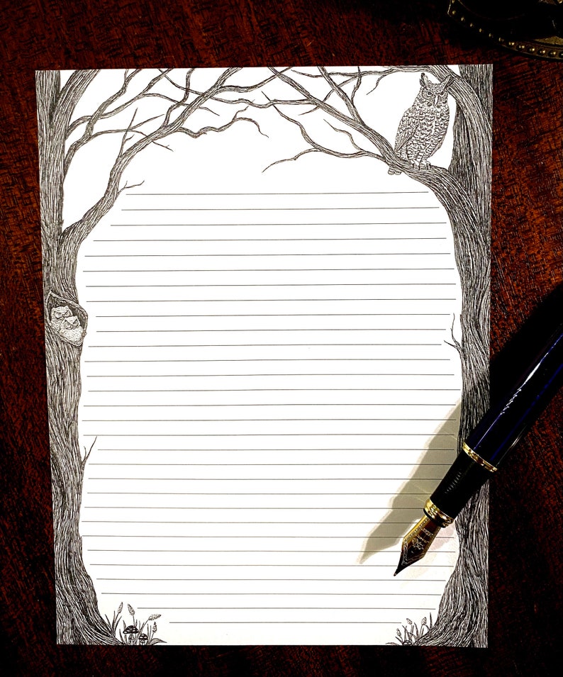 May include: Black and white illustration of a tree with an owl perched on a branch. The tree is bare and the owl is looking to the right. The illustration is on a white background with lined paper.