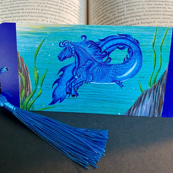 Hippocampus fantasy bookmark - fun gift for book lover, mythological creature, bookmark with tassel, underwater horse, small gift, unique