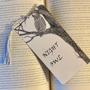 Night owl bookmark, bookish gift for book lover, bird bookmark with tassel, vintage-style, dark academia aesthetic, owl lover gift