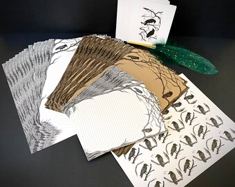 Dark Academia Crow Stationery Set Presentförpackning: tillverkad av miljövänligt papper, inkluderar en fjäderpenna