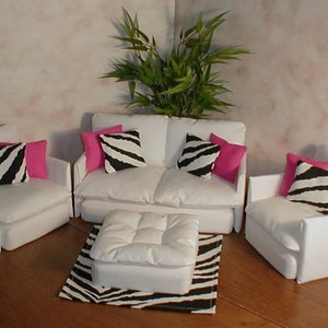 Dollhouse Doll Furniture WHITE Living Room Set w/ Hot Pink and Zebra Pillows and Rug 12" Dolls 1:6 playscale diorama Couch Chair