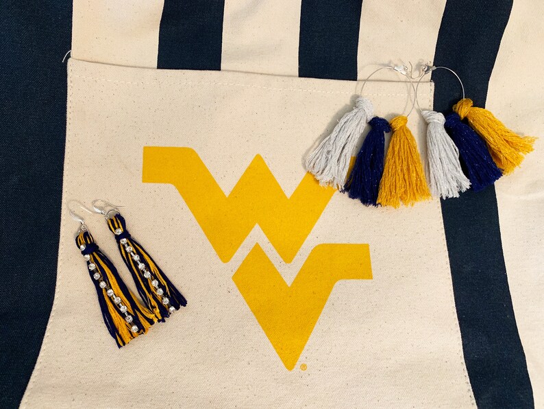 WVU Gold and Blue Rhinestone Tassel Earring West Virginia Etsy
