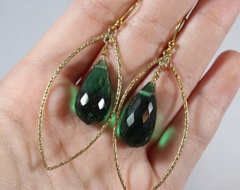 Gold Filled with Tear Drop Faceted Green Glass Bead Earrings