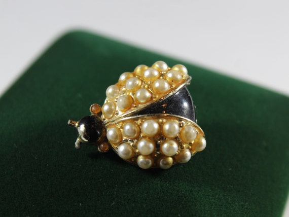 Gold Tone Enamel Faux Pearl Ladybug Brooch - image 1