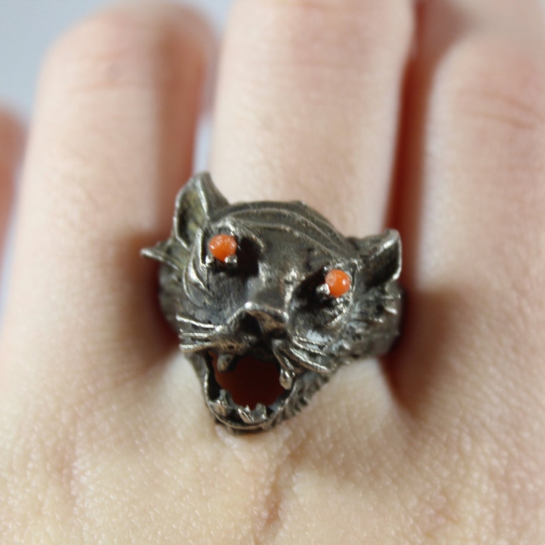 Antique Chinese Natural Coral Silver Tiger Animal Unique Ring image 1