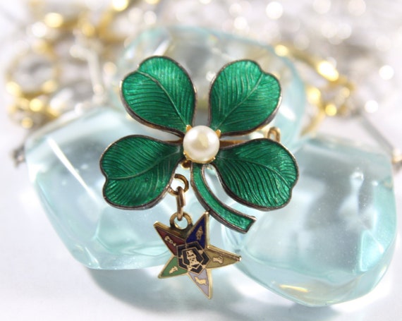 Vintage Gold Tone Faux Pearl Green Clover Enamel … - image 1