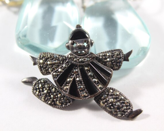Vintage Sterling Silver Marcasite Fun Clown Pendant Brooch