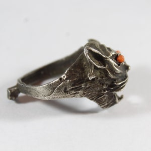 Antique Chinese Natural Coral Silver Tiger Animal Unique Ring image 4
