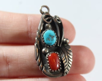 Vintage Sterling Silver Navajo Natural Red Coral with Turquoise Pendant