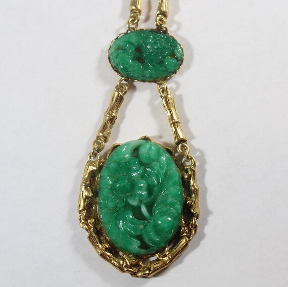 Antique Art Deco Chinese Gold Filled Carved Green… - image 4