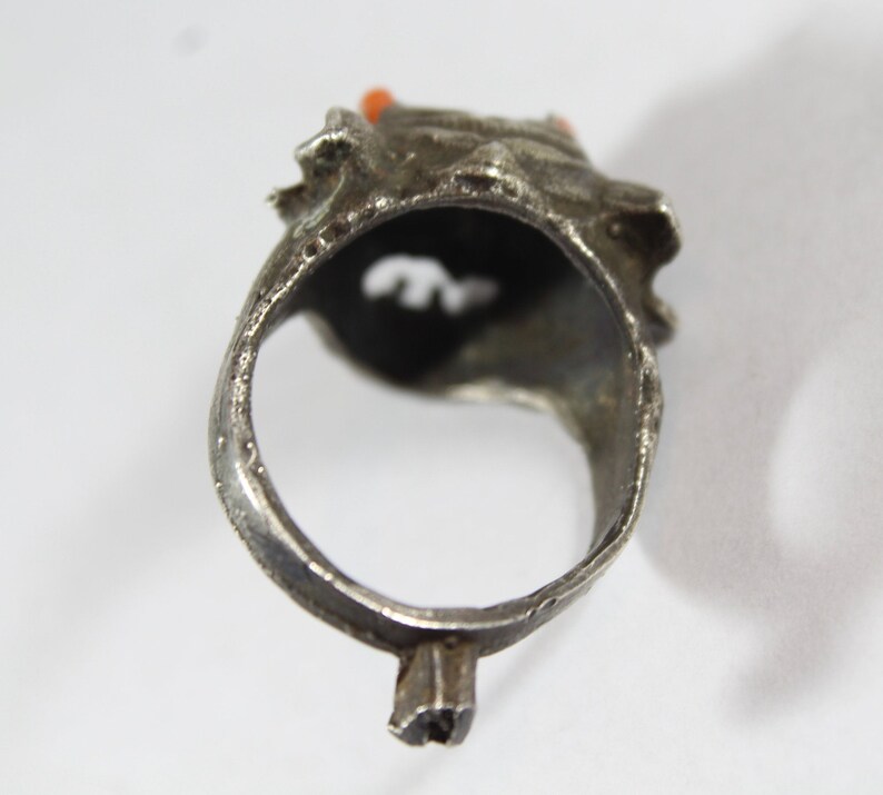 Antique Chinese Natural Coral Silver Tiger Animal Unique Ring image 5