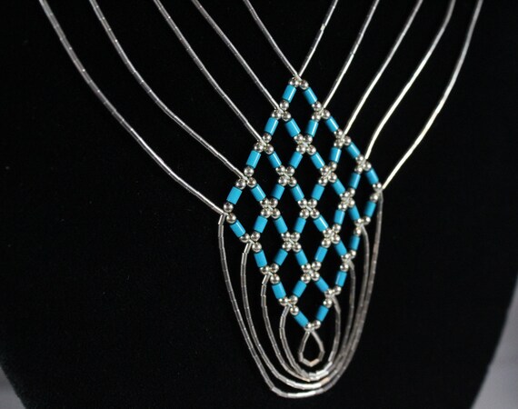 Sterling Liquid Silver Barrel Shape Turquoise  Ne… - image 4