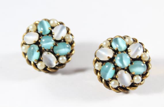 Gold Tone Blue and White Rhinestone? Clip On Earr… - image 1