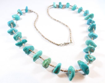 Vintage Navajo Natural Shell with Irregular Shape Blue Turquoise Long Necklace