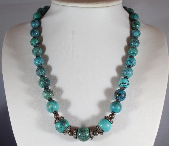 Vintage Sterling Silver Turquoise Beaded Necklace - image 1