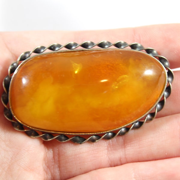 Antique Chinese Sterling Silver Large Natural Amber Brooch