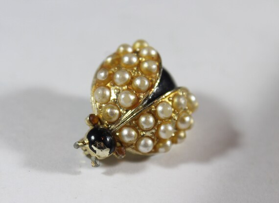 Gold Tone Enamel Faux Pearl Ladybug Brooch - image 3