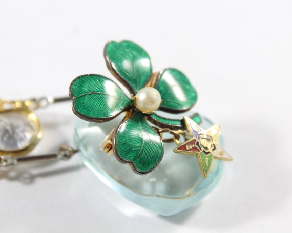 Vintage Gold Tone Faux Pearl Green Clover Enamel … - image 2