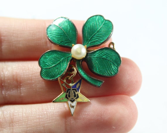 Vintage Gold Tone Faux Pearl Green Clover Enamel … - image 3