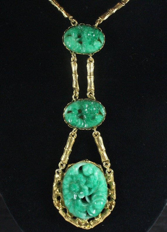 Antique Art Deco Chinese Gold Filled Carved Green… - image 3