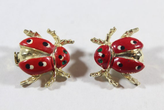 Vintage Gold Tone Red Lady Bug with Black Dot Gre… - image 3