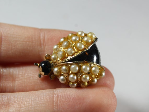 Gold Tone Enamel Faux Pearl Ladybug Brooch - image 2
