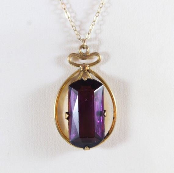 Vintage Gold Filled Faceted Purple Glass Necklace - image 1