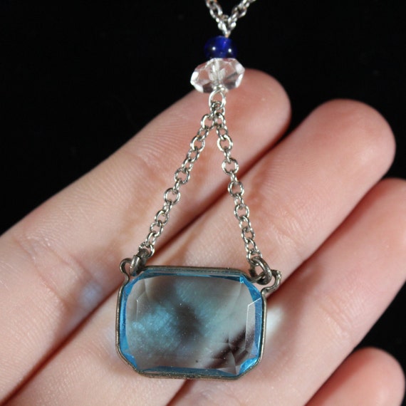 Vintage Rectangular Cut Translucent Blue Glass wi… - image 1