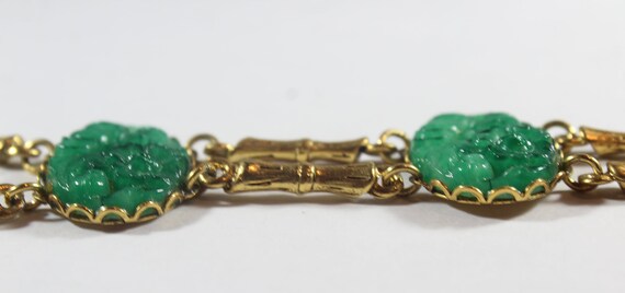 Antique Art Deco Chinese Gold Filled Carved Green… - image 5