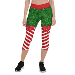 Christmas Candy Leggings Bow Capris | Christmas Elf Outfit | Women's Santa Claus Suit | Candy Cane Leggings | Handmade Designer Leggings