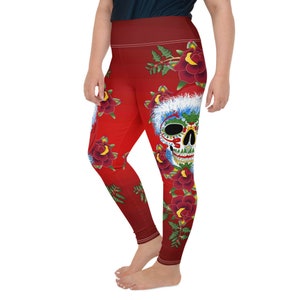 Sugar Skull Santa Claus Leggings Plus Size | Day of the Dead Leggings | Halloween Christmas Leggings | Santa Designer Handmade Leggings