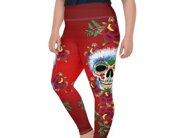 Sugar Skull Santa Claus Leggings Plus Size | Day of the Dead Leggings | Halloween Christmas Leggings | Santa Designer Handmade Leggings