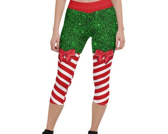 Christmas Candy Leggings Bow Capris | Christmas Elf Outfit | Women's Santa Claus Suit | Candy Cane Leggings | Handmade Designer Leggings