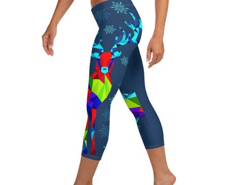 Reindeer Leggings Christmas Apparel Capris | Merry Christmas Leggings | Rudolph Leggings | Designer Leggings Xmas | Handmade Xmas Leggings