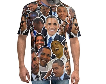May include: A black and white t-shirt with a collage of images of a man's face. The images are arranged in a random pattern and cover the entire shirt.