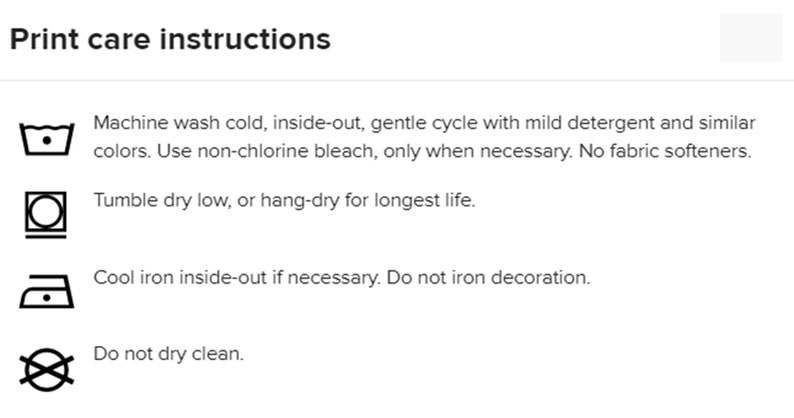 Pode incluir: Instru&ccedil;&otilde;es de cuidado para uma pe&ccedil;a de roupa. Lavar &agrave; m&aacute;quina com &aacute;gua fria, do avesso, ciclo delicado com detergente suave e cores semelhantes. Usar alvejante sem cloro apenas quando necess&aacute;rio. N&atilde;o usar amaciante. Secar na m&aacute;quina em temperatura baixa ou pendurar para secar para uma vida &uacute;til mais longa. Passar a ferro em temperatura baixa do avesso, se necess&aacute;rio. N&atilde;o passar a ferro a decora&ccedil;&atilde;o. N&atilde;o lavar a seco.